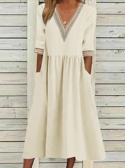 Abito Estivo da Donna 2026 Nuovo in Cotone e Lino a Mezza Manica con Scollo a V, Vestito Casual Chic Vintage con Inserti, Vestito Midi Ampio