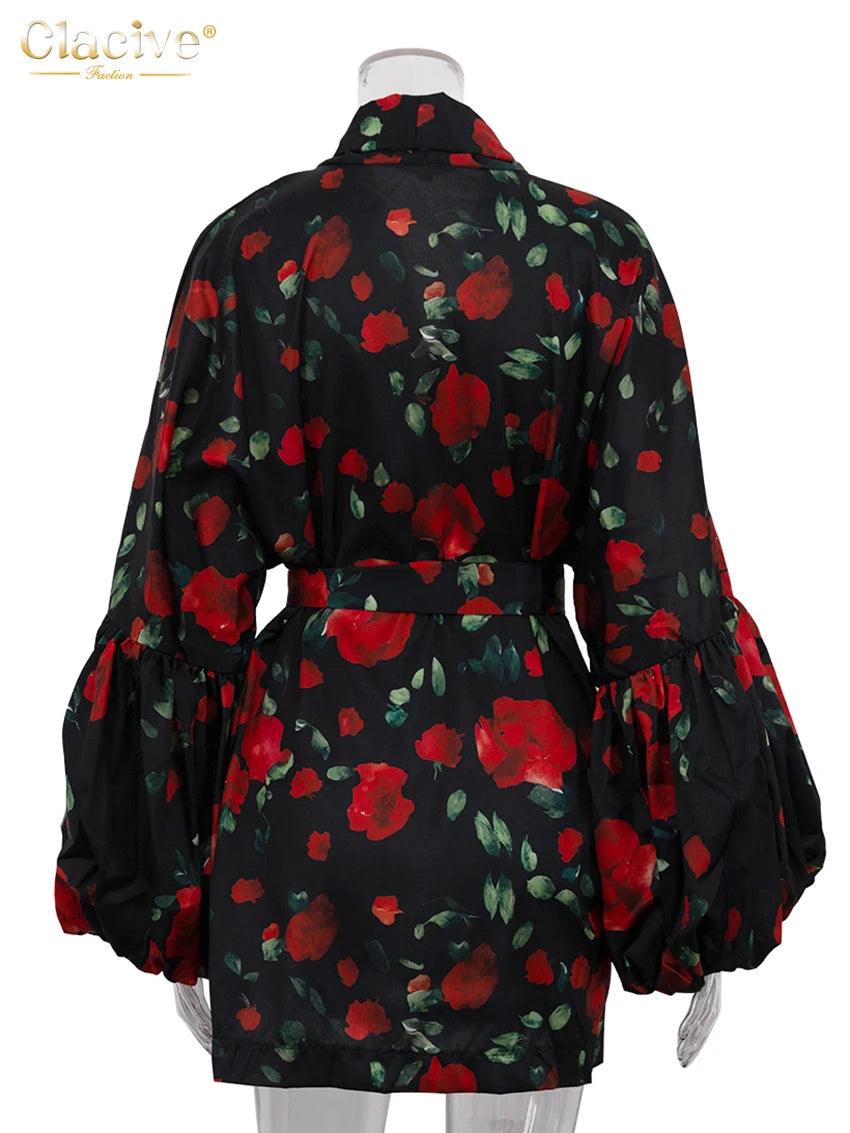 Clacive Fashion Abiti da donna con stampa allentata 2025 Mini abito sexy a maniche lunghe con cappuccio Elegante abito classico con lacci Abbigliamento femminile