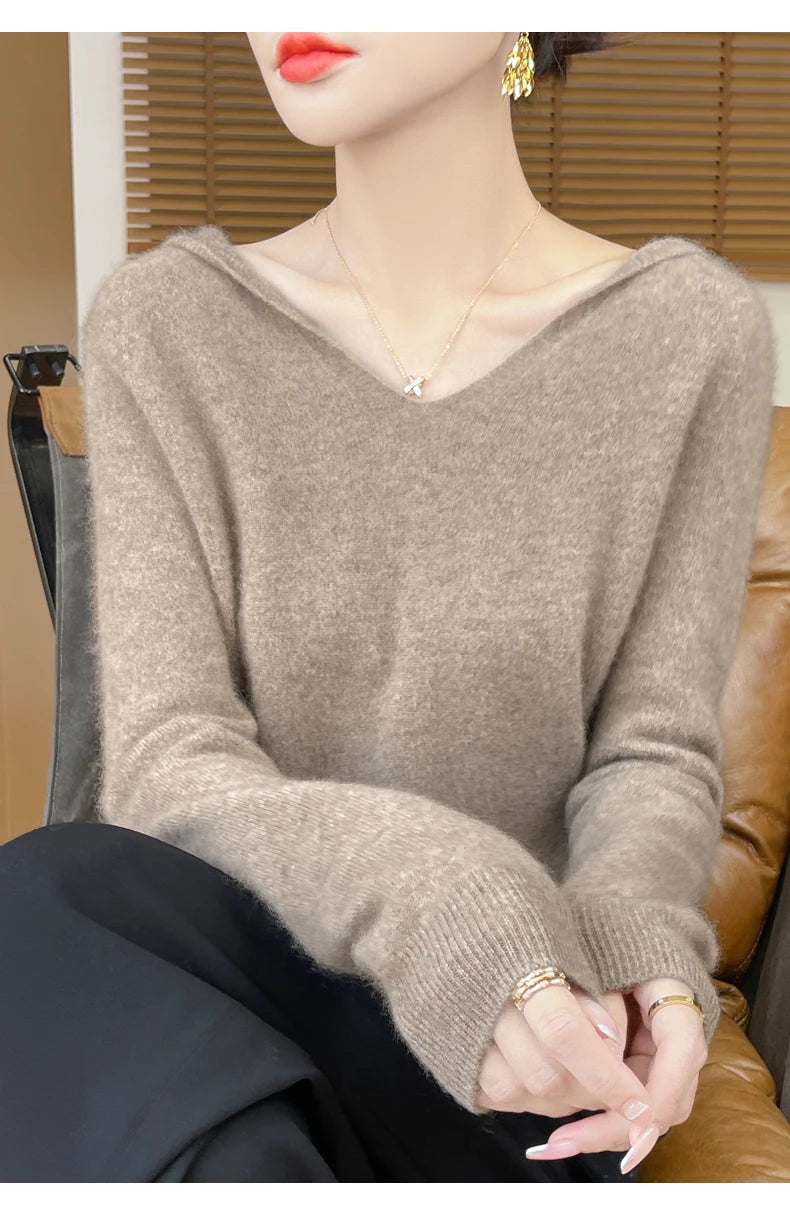 Abbigliamento donna autunno inverno colletto con cappuccio pullover maglione di lana merino 100% nuova moda top in cashmere che tocca il fondo maglieria morbida