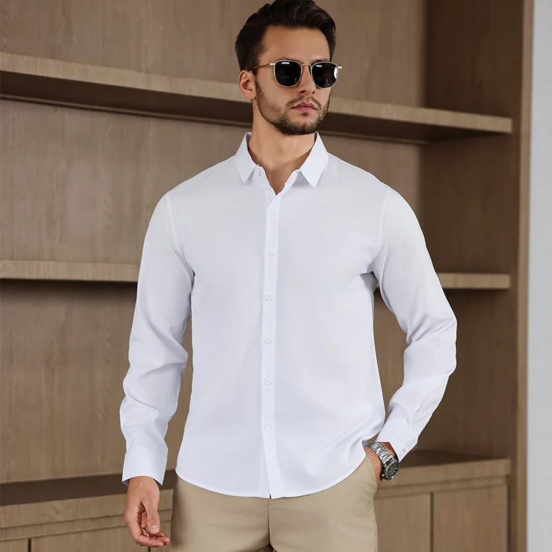 Camicia da uomo in tinta unita a maniche lunghe casual da lavoro nuova, resistente alle rughe, comoda e versatile per tutte le stagioni