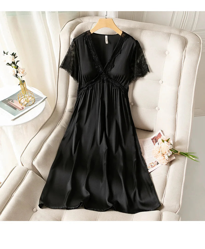 Fdfklak camicia da notte estiva da donna a maniche corte sottile in raso di seta Sexy nuova camicia da notte da notte da notte da donna in pizzo principessa
