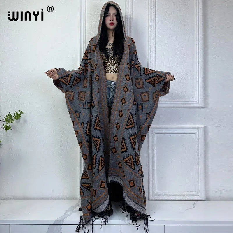 WINYI Winter cardigan outfit donna boho holiday dress stampa spessa calda femminile kaftan maxi dress Hooded mop coat fashion Abaya