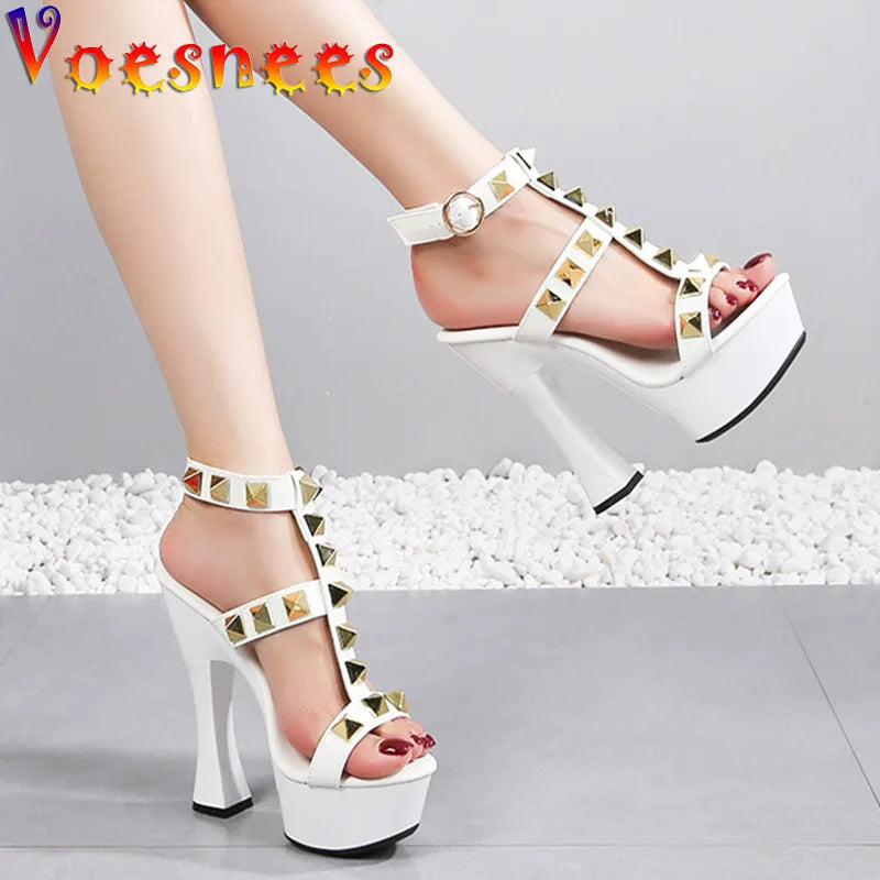 New Rivet Designer High Heels 2025 Fashion Thick Platform Club Women Pumps Sexy Summer Models Sandals White Black Red Woman Shoe