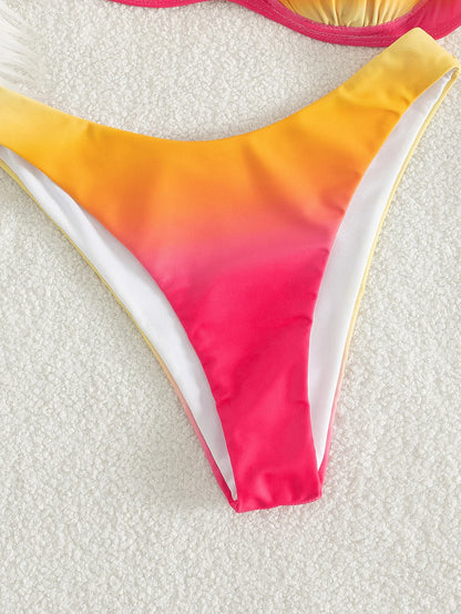 Damen Bikini-Set in Pink-Orange-Ombre, gewelltes Bügel-Oberteil mit hohem Beinausschnitt, 2-teilige Bademode für den Strand