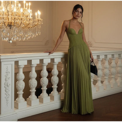Chic Green Fishbone Halter Abito lungo Lady Solid Sexy Backless Pieghettato Off-spalla Abiti a trapezio 2025 nuovo abito da festa di Natale