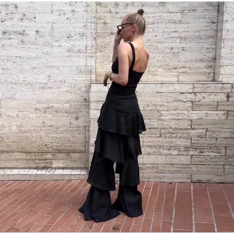 Pantaloni a Balze a Strati Blu Navy alla Moda da Donna, a Vita Alta e Gamba Larga, Lunghi, Nuova Collezione 2026, Casual da Vacanza e Streetwear