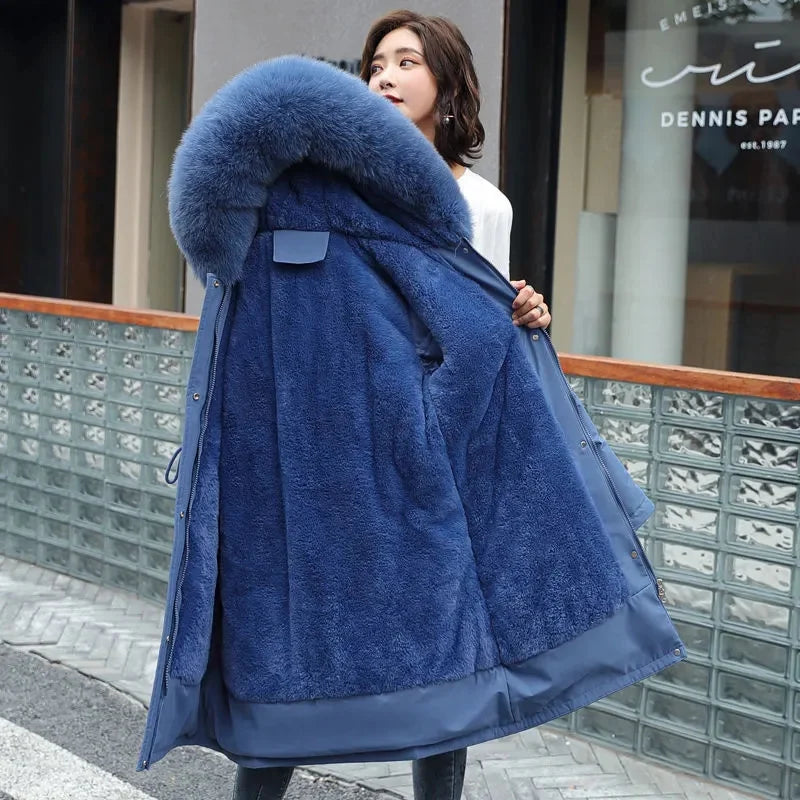 Giacca Invernale 2026 Nuova Parka da Donna Cappotto Lungo con Fodera in Lana Giacca con Cappuccio Collo in Pelliccia Spessa e Calda Abbigliamento da Neve Parka Imbottito 6XL