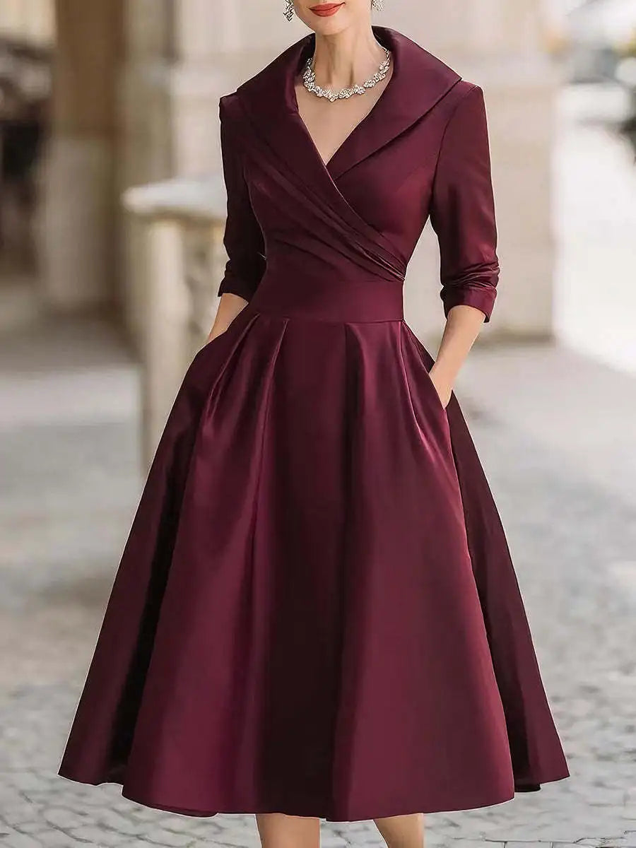 Office Lady Slim A-Line Dress Donna 2025 Autunno Inverno Moda Manica lunga Colletto rovesciato Abiti maxi Abiti eleganti