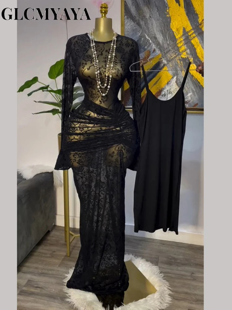 CM.YAYA Abito lungo aderente da donna a maniche lunghe in rete increspata trasparente con fodera 2025 Abiti da festa sexy per compleanno da sera autunnale