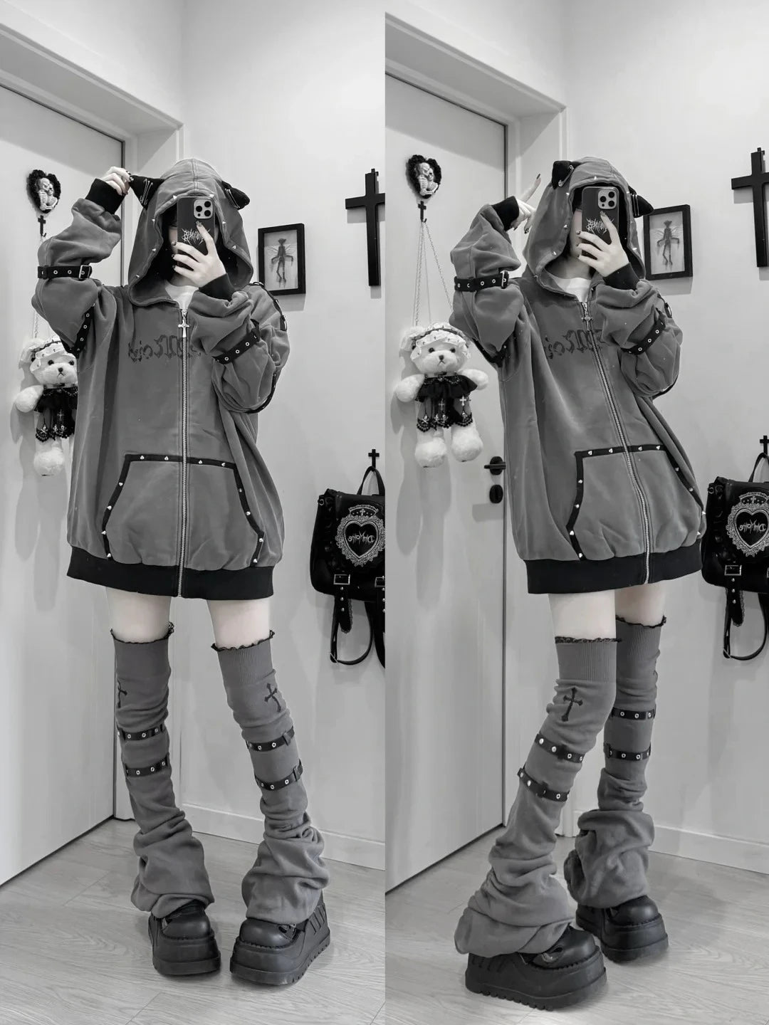 Felpa con cappuccio e zip a orecchie di gatto nera, stile subcultura giapponese, per donne, con stampa a cuore a righe sottili, oversize, con fibbia in metallo, outfit streetwear punk.