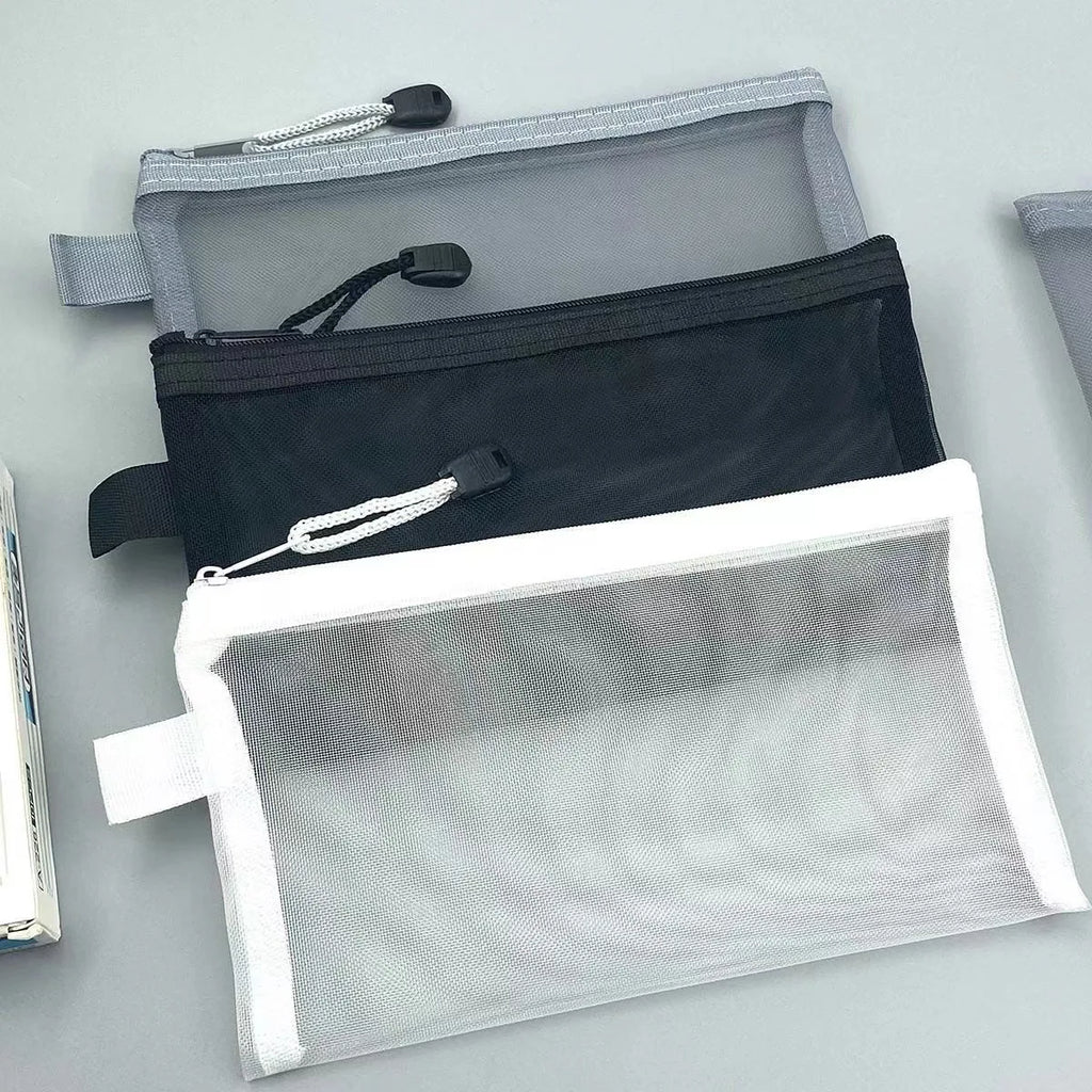 Borsa per penne in rete con cerniera trasparente in nylon Borse per file per studenti Borsa speciale per garza in rete per esame Custodia per trucco per cosmetici in rete per i viaggi