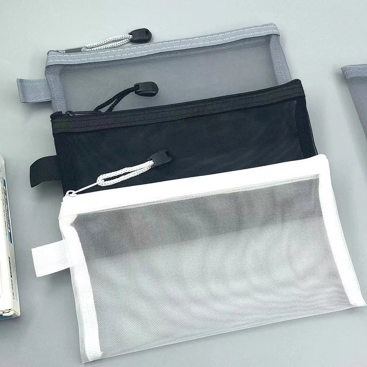 Borsa per penne in rete con cerniera trasparente in nylon Borse per file per studenti Borsa speciale per garza in rete per esame Custodia per trucco per cosmetici in rete per i viaggi