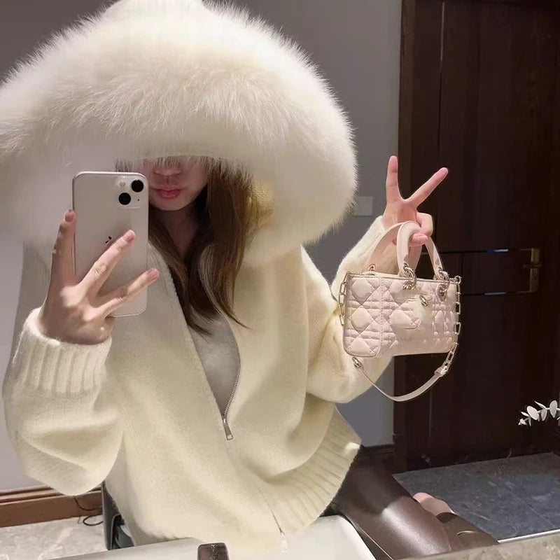 Giacca cardigan con collo in pelliccia coreana da donna nuova cardigan lavorato a maglia a maniche lunghe con cerniera donna cappotto maglione con cappuccio caldo chic femminile