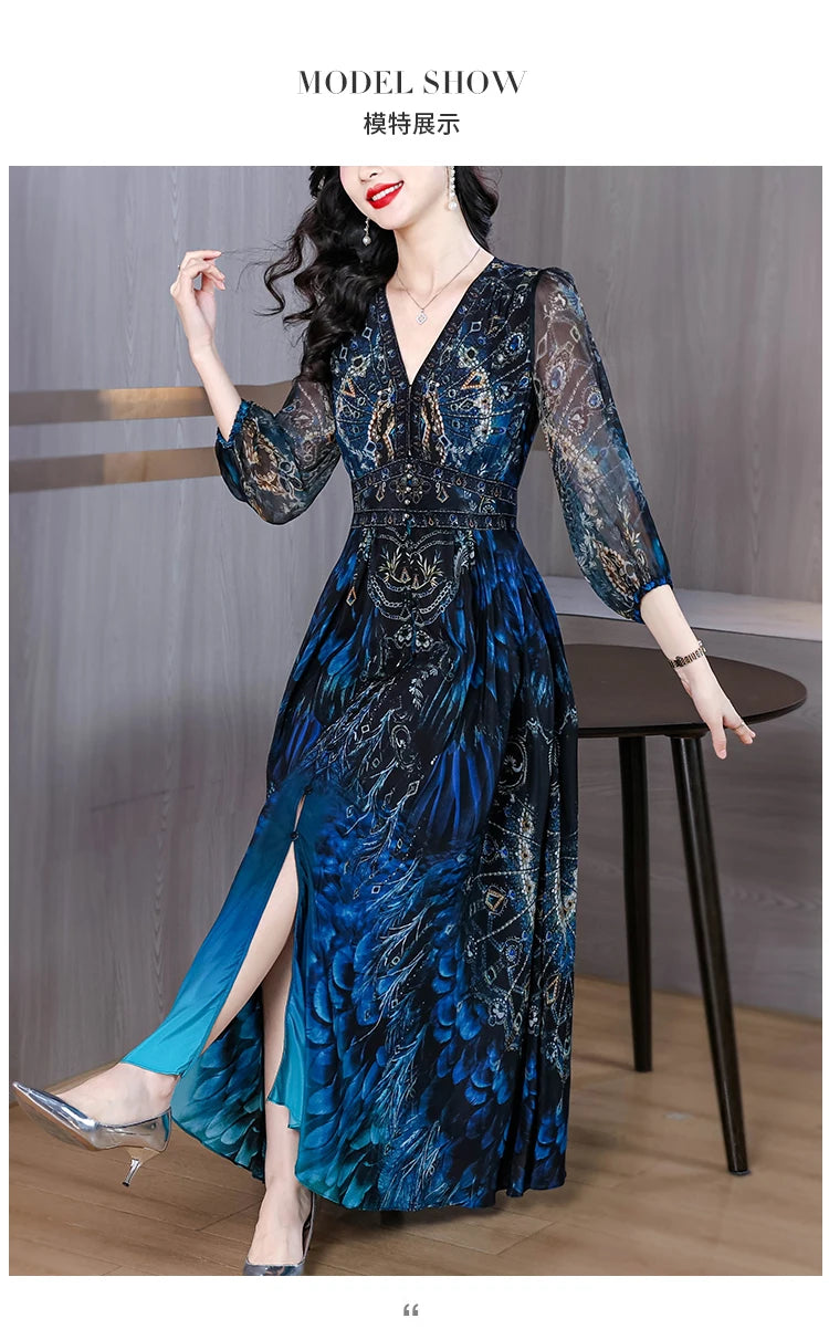 Vacanza primaverile Boho Beach Hepburn Maxi Abiti 2025 Stampa vintage da donna Elegante abito da sera estivo in seta di lusso