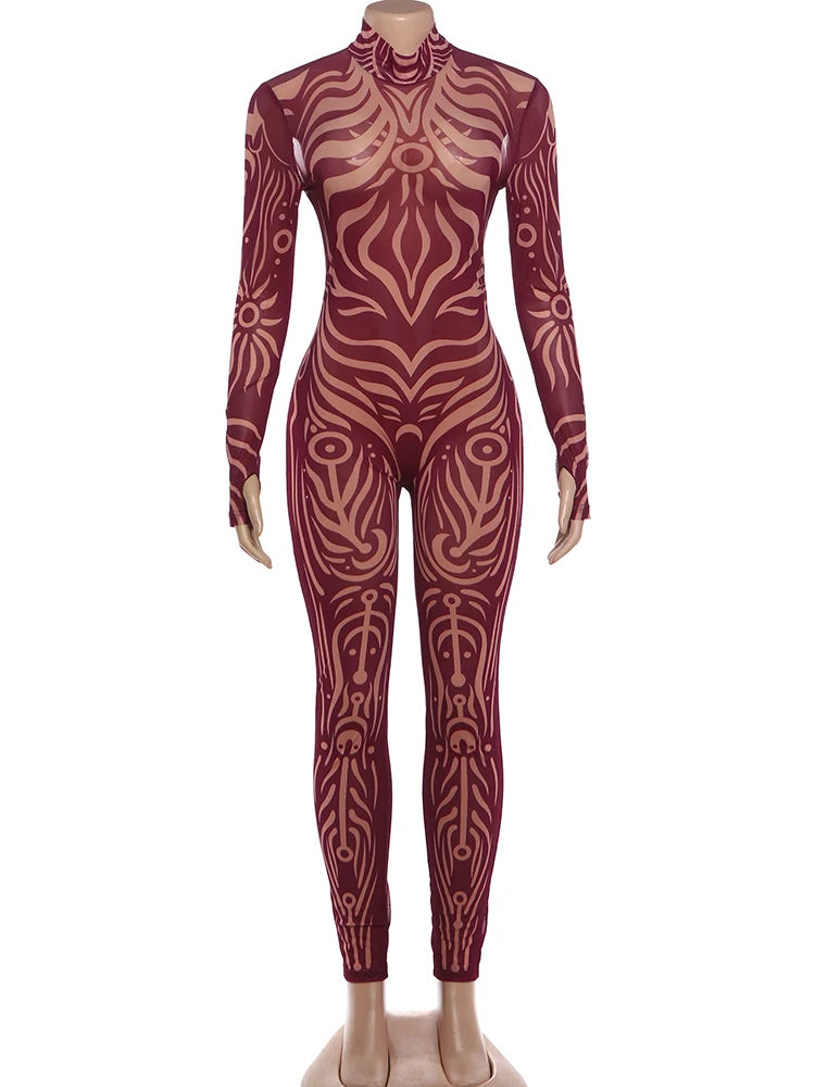 Weird Puss Tute sexy con stampa a righe da donna Dolcevita stile selvaggio Manica intera Midnight Party Club Tuta streetwear elasticizzata
