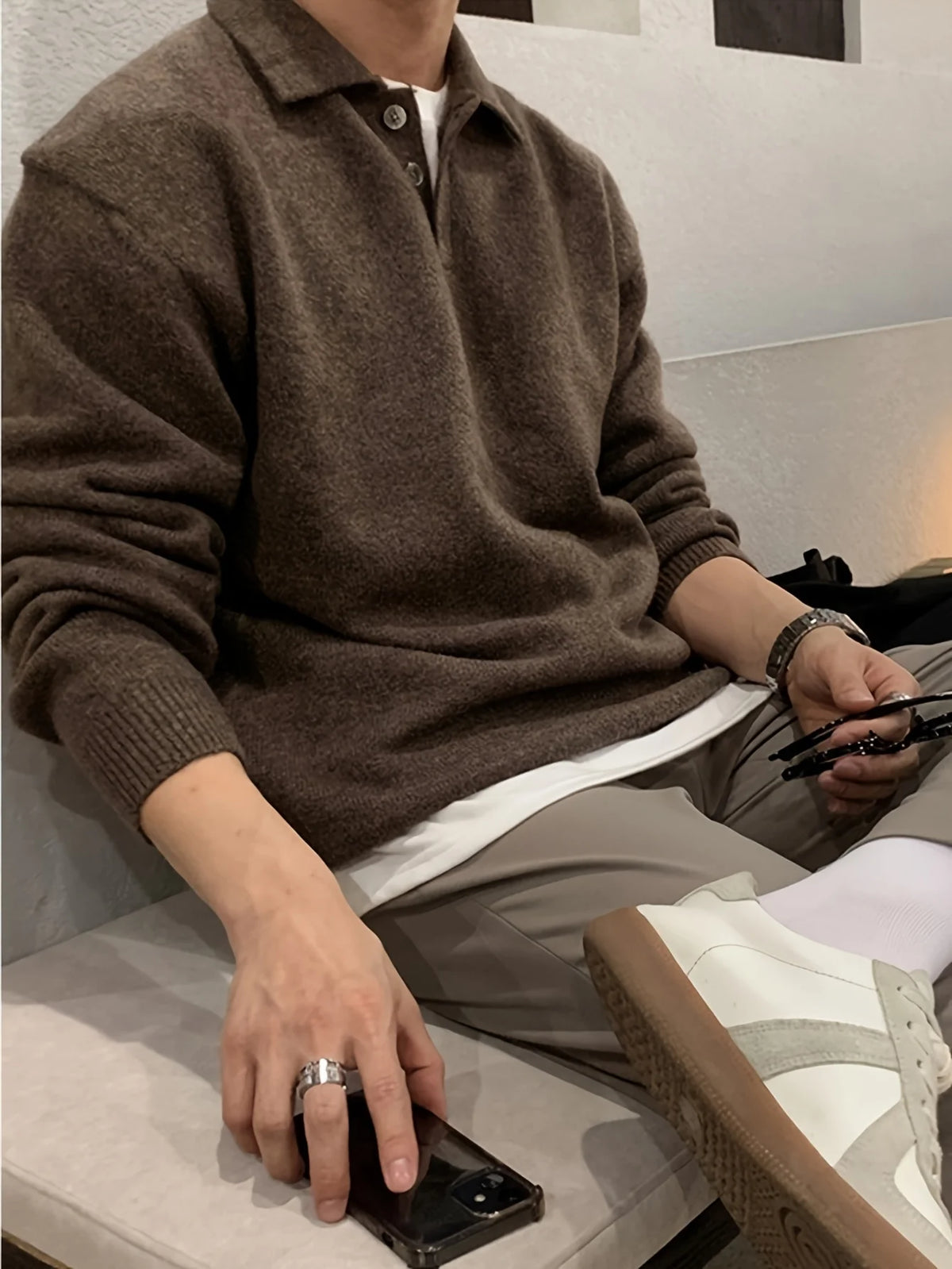 LVLAEA Camicia a maniche lunghe da uomo Tinta unita Risvolto Colletto abbottonato Autunno Inverno Pigiama Moda calda Vestibilità ampia Stile vecchio denaro
