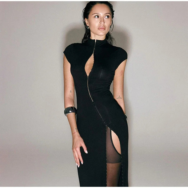 y2k Abito nero con spacco scavato Moda donna Manica corta Solido Collo alto Slim Fit Maxi abiti Lady Evening Party Club Robe