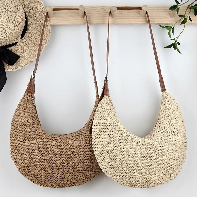 Borse a tracolla da donna in paglia casual Hobos Borse a tracolla in tessuto fatto a mano Borsa da spiaggia estiva semplice vintage Borse tote di grande capacità