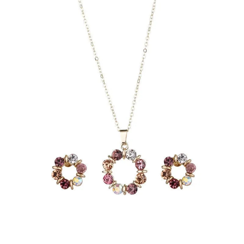 Set di orecchini con collana in oro da 3 pezzi, celebrità da donna, stile semplice e alla moda, squisiti gioielli a forma di cerchio con diamanti in vetro colorato
