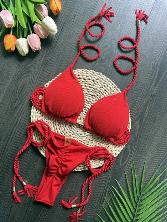 RUOTONSEPT 2024 Sexy Women Swimsuit Braiding rope Bikini Set Two-piece Triangle Solid Swimwear Bathing Suit Brazilian Biquinis