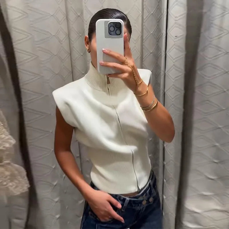 Cardigan in maglia da donna senza maniche con spalline imbottite, collo alto a metà, doppia cerniera, corto, aderente, tinta unita, top di tendenza per la strada