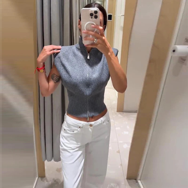 Cardigan in maglia da donna senza maniche con spalline imbottite, collo alto a metà, doppia cerniera, corto, aderente, tinta unita, top di tendenza per la strada