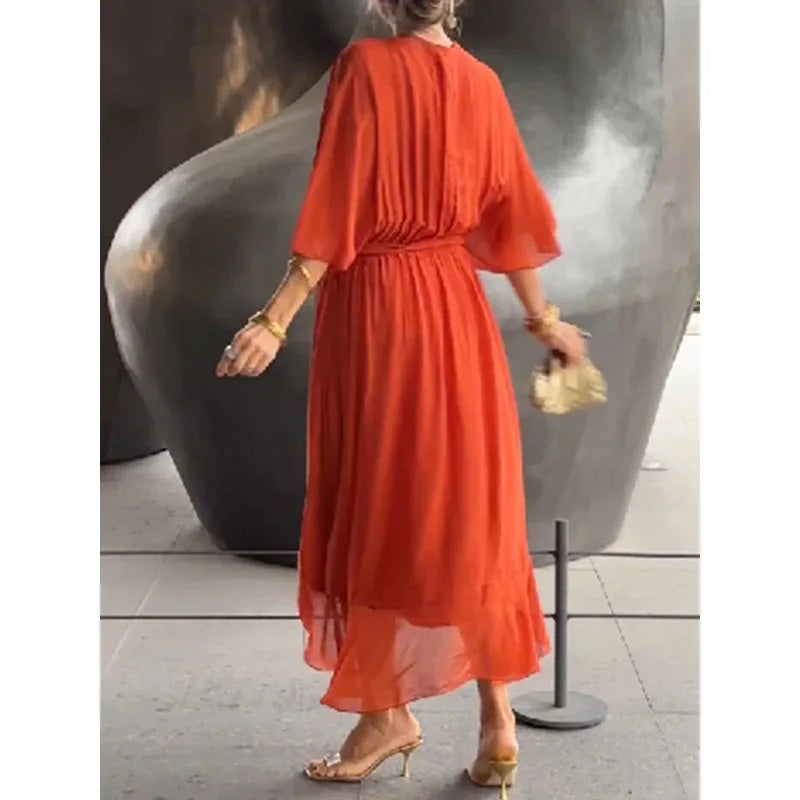 Abiti da festa eleganti in chiffon solido per le donne Sexy scollo a V maniche a pipistrello Lace Up Ruffles Abito lungo irregolare Abito casual Femme