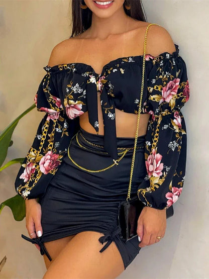 Ensemble deux pièces sexy d'été avec jupe pour femme, haut court chic à col slash et manches lanternes et ensemble robe moulante froncée à motif uni