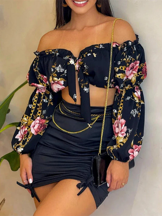 Ensemble deux pièces sexy d'été avec jupe pour femme, haut court chic à col slash et manches lanternes et ensemble robe moulante froncée à motif uni