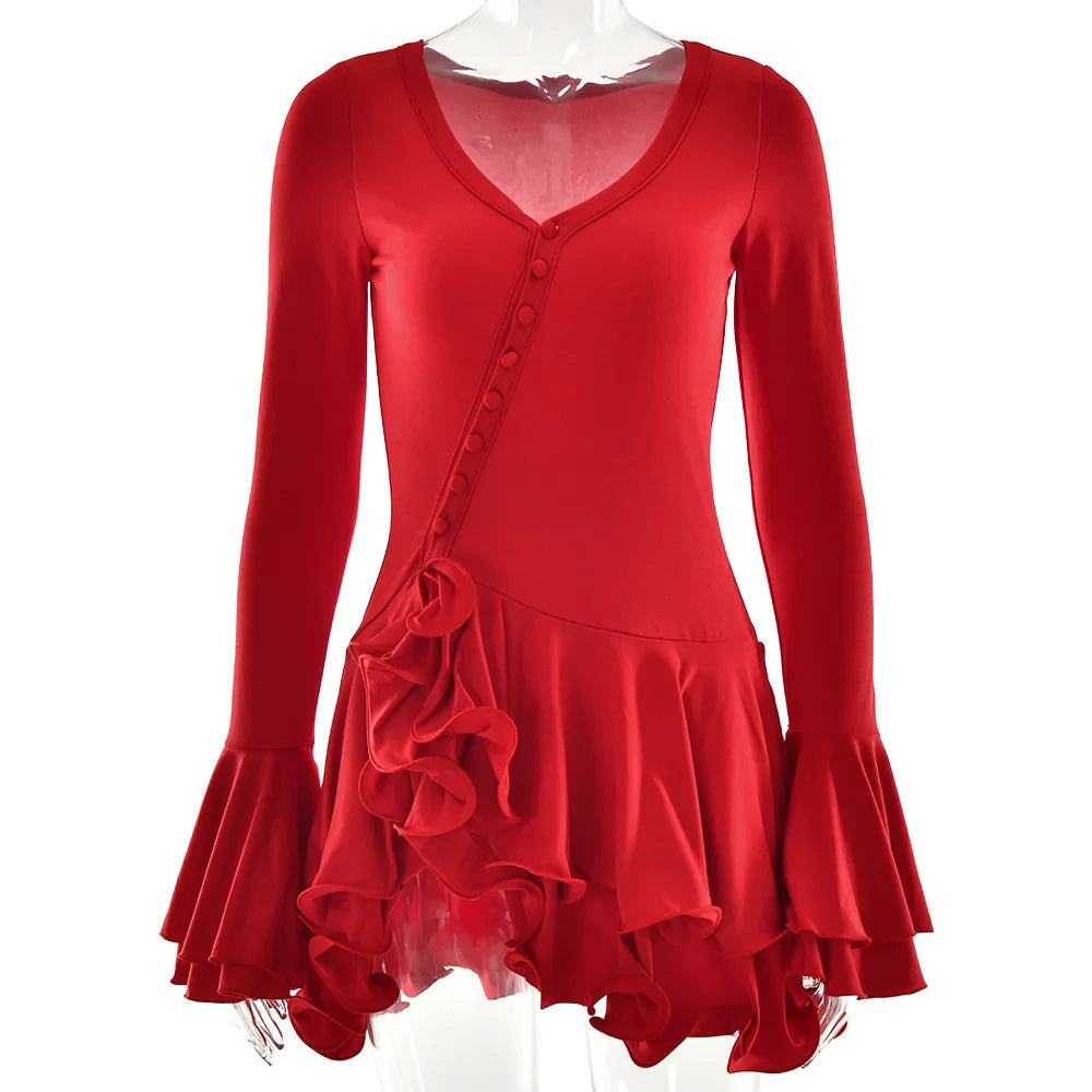 Abito corto sexy con volant patchwork bianco nero Abito corto da donna con maniche lunghe svasate con lacci Mini abiti da festa da sera Donna Blu Rosa Rosso