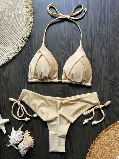 Solid color sexy swimsuit women's new bikini blue beachwear split Brazilian bikini set