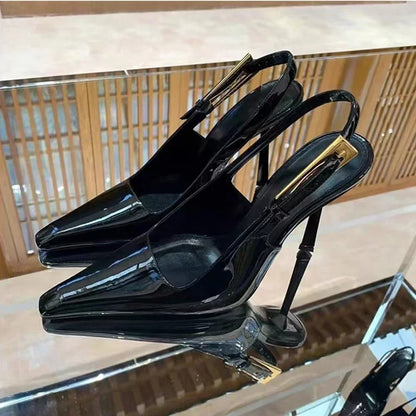 New Autumn 2024 Square Toe Slim Heel Retro Toe Women's Shoes with Patent Leather High-heeled Sandals