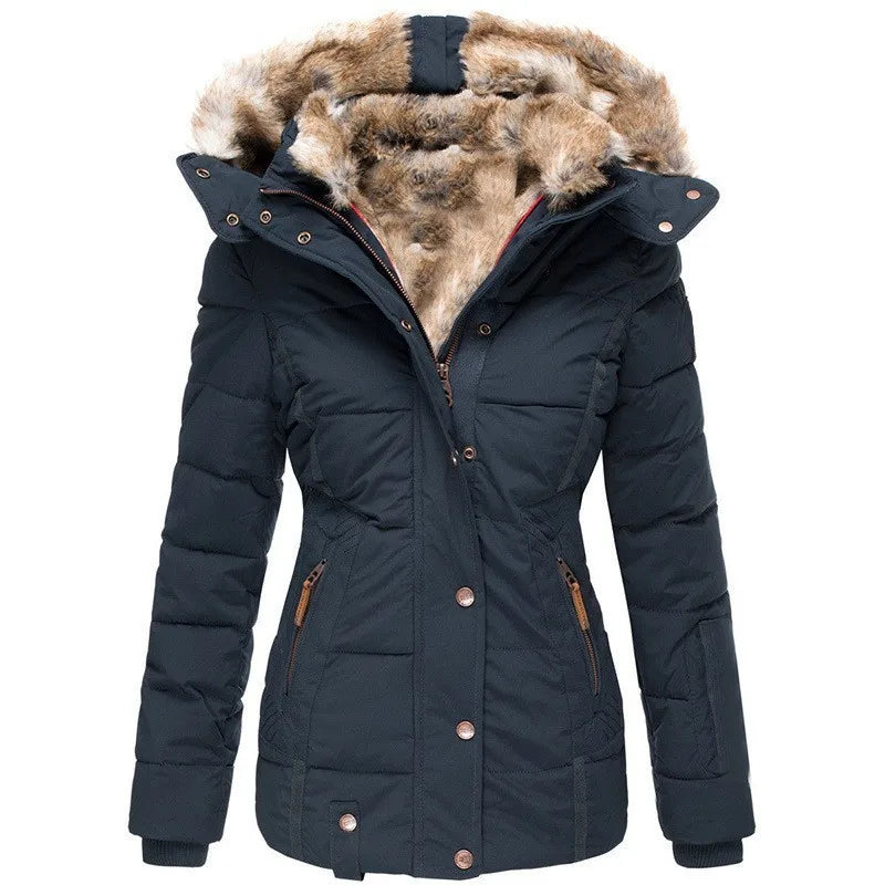 Inverno di Nuovo Modo delle Donne di Colore Solido Sottile Casual Alla Moda Collo di Pelliccia Con Cappuccio Semplice di Base Trapuntato Cappotti Vestiti Femminili Parka