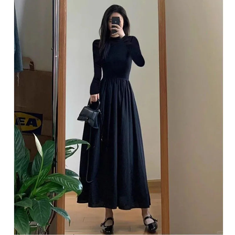 Lucyever Abiti a trapezio neri stile francese Abito longuette elegante a maniche lunghe a vita alta da donna Abito maxi slim fit autunno inverno