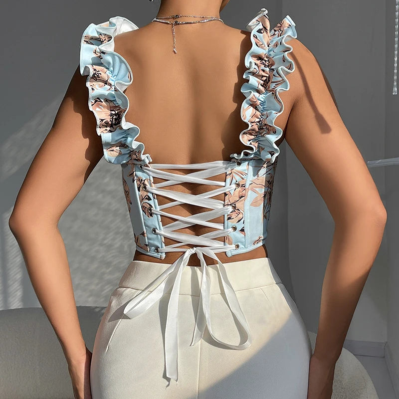 Sommer Sexy Camisole Tops Damen Blumen Rüschen Rückenfrei Bandage Fischgräten-Tanks Slim Süß Ärmelloses Hottie Streetwear Weste