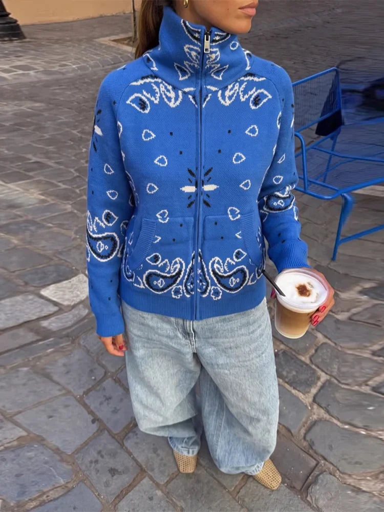 Giacca in maglia con stampa paisley per donna, colletto alto, maniche raglan, chiusura a zip, tasca frontale, cardigan autunnale 2026, giacca retrò ampia.
