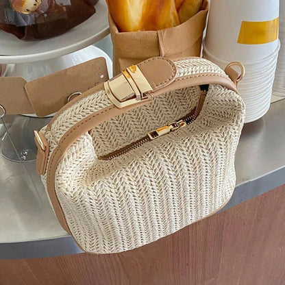 Yogodlns Borsa estiva piccola in paglia Borsa a tracolla alla moda Borsa a tracolla a secchiello intrecciata Borsa da spiaggia casual al mare Borsa con manico per ragazze