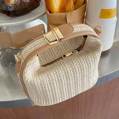 Yogodlns Borsa estiva piccola in paglia Borsa a tracolla alla moda Borsa a tracolla a secchiello intrecciata Borsa da spiaggia casual al mare Borsa con manico per ragazze