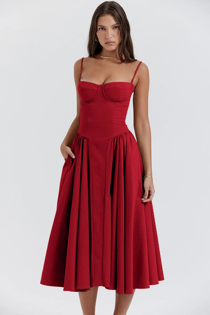 Elegante abito longuette con cinturino per spaghetti da donna Party Slim A Line Solid Bretelle Abiti da donna Nuova moda primavera estate Abiti sexy