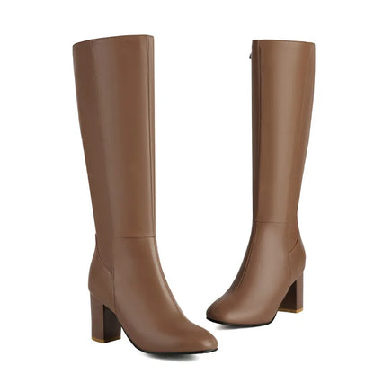 Black Long Boots Women's Fashionable Thick Heels Side Zipper Ladies Shoes Soft PU Leather Knee High Boots Plus Size 43 44 45 46