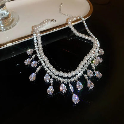 Collane girocollo di lusso con strass e cristalli per donna, collana a più strati con perle finte per feste e matrimoni, gioielli K-