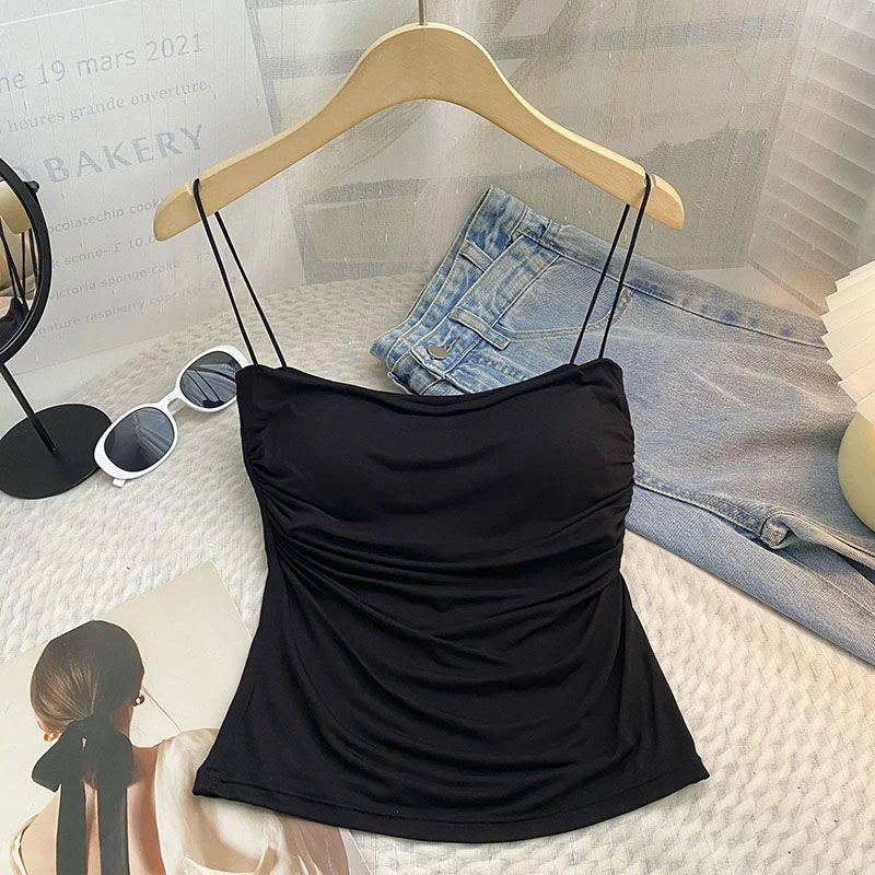 Débardeur d'été sexy pour femme, bretelles spaghetti, sans manches, gilet, caraco, haut de soirée, clubwear, slim, court, noir