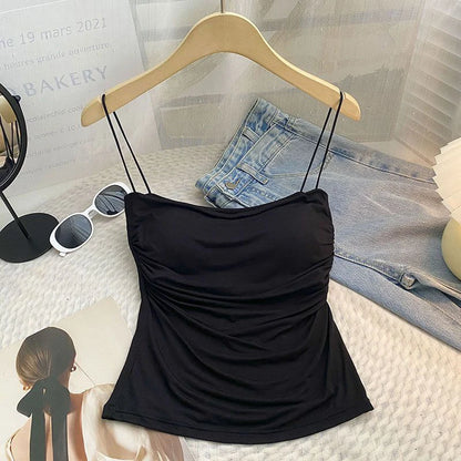Débardeur d'été sexy pour femme, bretelles spaghetti, sans manches, gilet, caraco, haut de soirée, clubwear, slim, court, noir