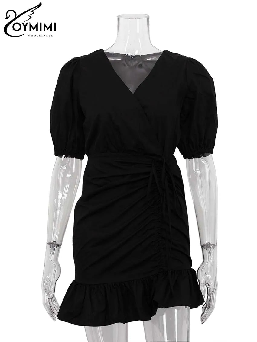Oymimi Abito da donna casual in cotone bianco Elegante scollo a V Manica corta Abiti stringati Mini abiti a pieghe a vita alta