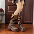 Women's Platform Motorcycle Boots Buckle Strap Thick-soled Boots Feamle New Fashion Black PU Leather Western Knight Botas Mujer