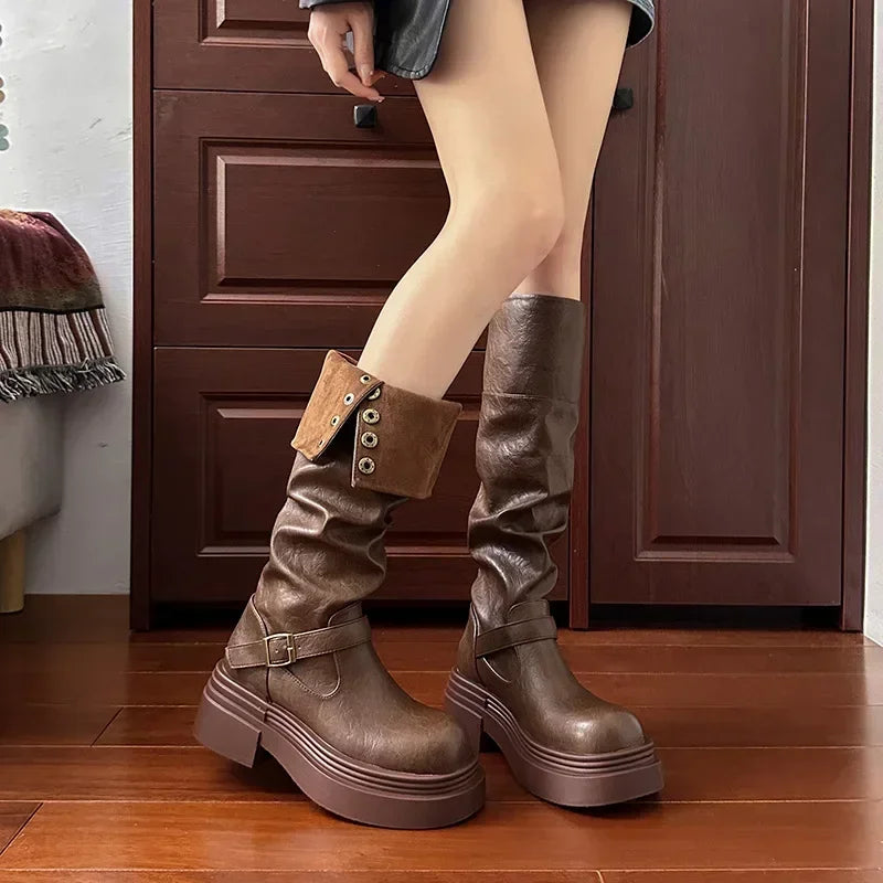 Women's Platform Motorcycle Boots Buckle Strap Thick-soled Boots Feamle New Fashion Black PU Leather Western Knight Botas Mujer