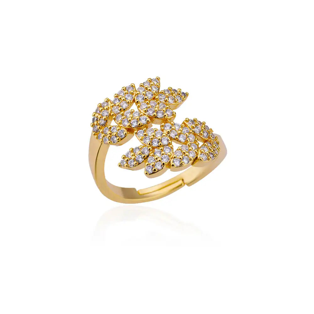 Anelli a foglia a doppio strato con zirconi di lusso per le donne Anello in acciaio inossidabile color oro Boho Coppia gioielli Accessori anelli mujer