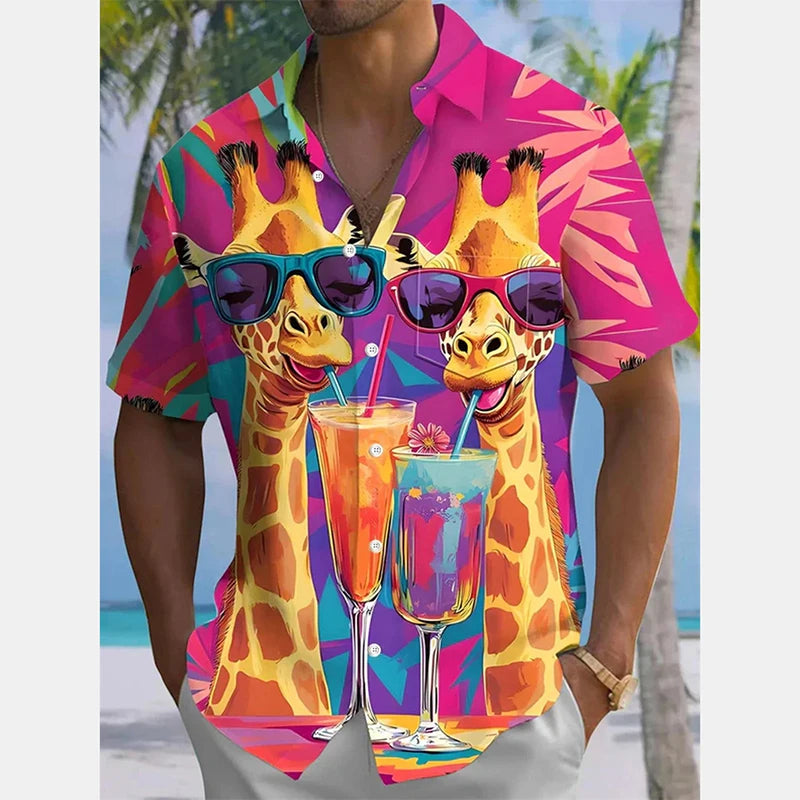 Camicie hawaiane casual con stampa 3D moda estiva da uomo Divertenti camicie con bottoni a maniche corte con grafica giraffa carina Trend Street Y2k