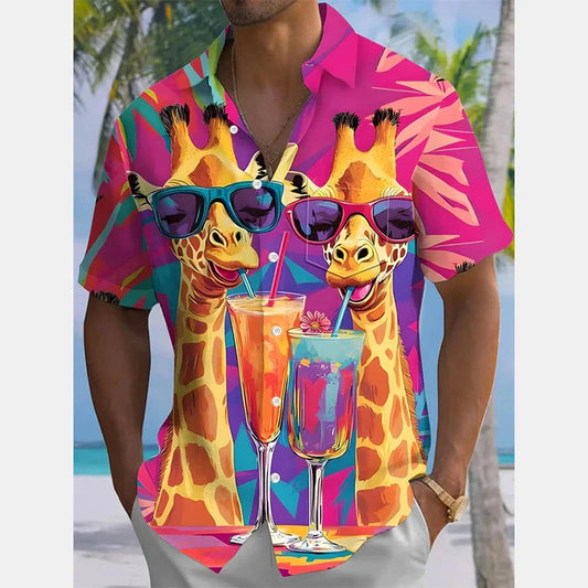 Camicie hawaiane casual con stampa 3D moda estiva da uomo Divertenti camicie con bottoni a maniche corte con grafica giraffa carina Trend Street Y2k