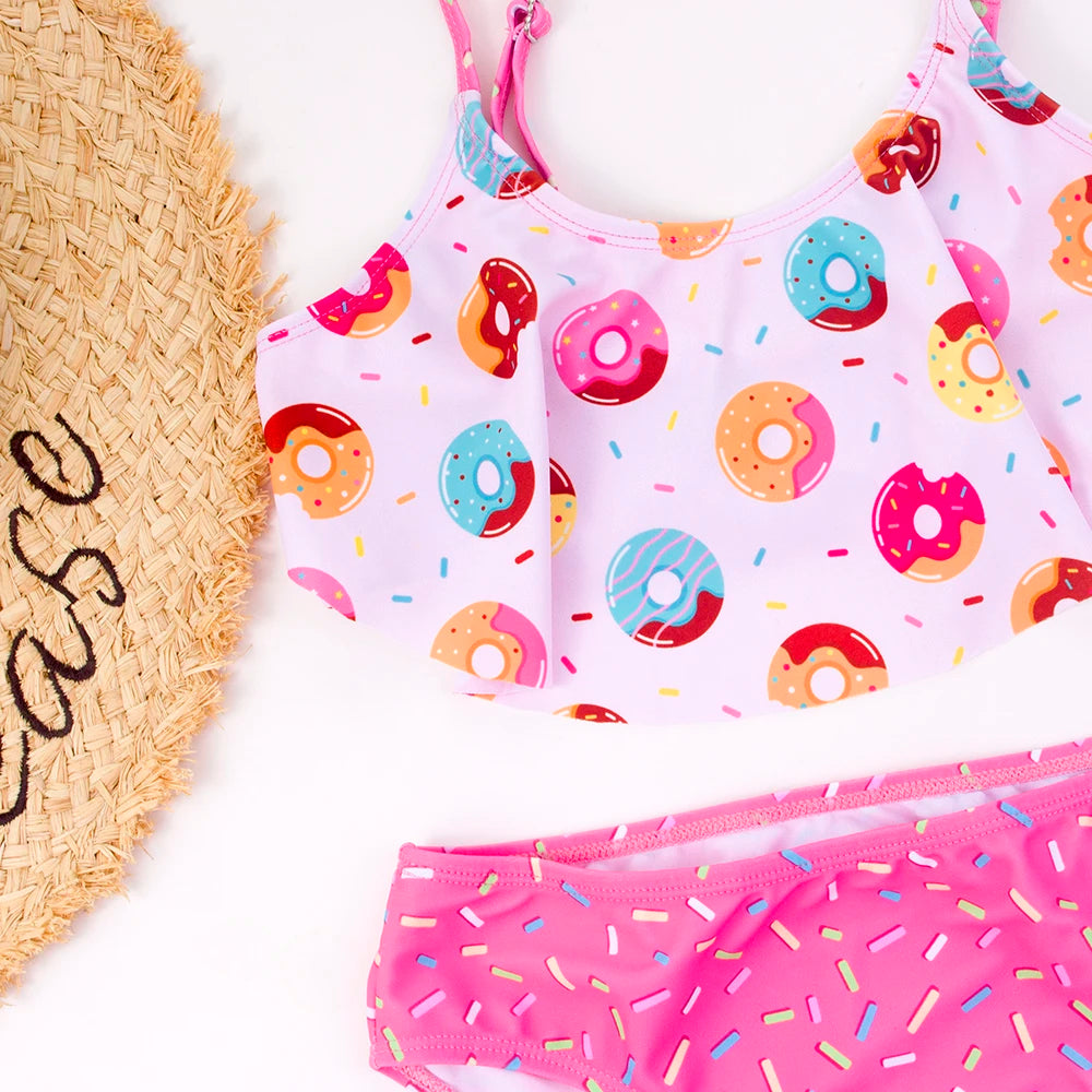 Donut-Print Falbala Mädchen Kinder Badeanzug Outdoor Süße 2-teilige Bademode Elastische Kontrast Mädchen Kinder Bikinis für den Sommerurlaub